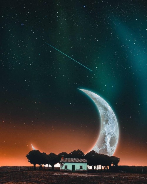 Fondo - Arte Digital - Paisaje - Atardecer - Fantasía - Noche - Luna - Estrellas